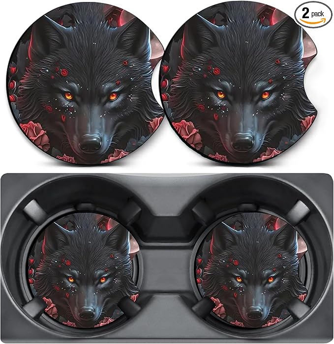 2 Pack Car Coasters for Cup Holders,Rose Black Wolf Car Cup Holder Coasters,2.75" Universal Size Anti Slip Rubber Mat,Automotive Interior Accessories Wolf Automotive Cup Holder Decor for Women,Men