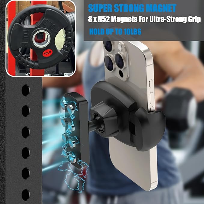 TONDA Magnetic Phone Holder for Gym, Adjustable Gym Phone Mount Holder,Super Magnets, 360 Adjustable Compatible with 4-7" Cell Phones, Gym Accessorie Essential Gifts for Men Women