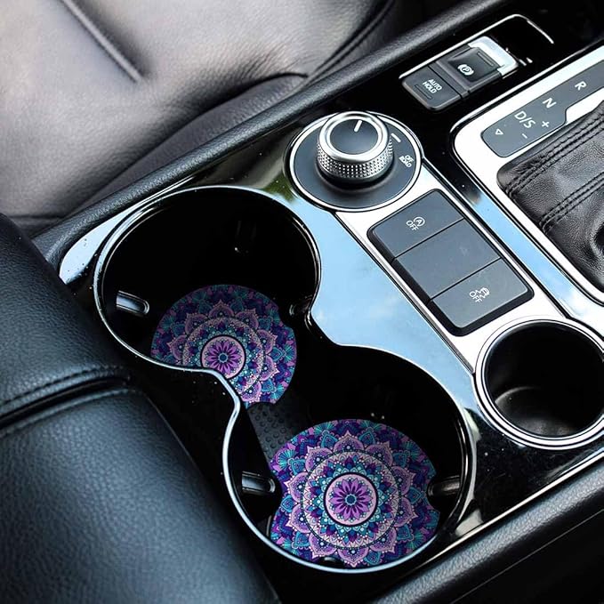 Purple Mandala 2 Pack Car Cup Holder Coaster Abstract Flower Pattern Anti Slip Insert Absorbent Ceramic Car Coaster with Cork Base and Finger Notch Cute Car Accessories Interior for Women Men