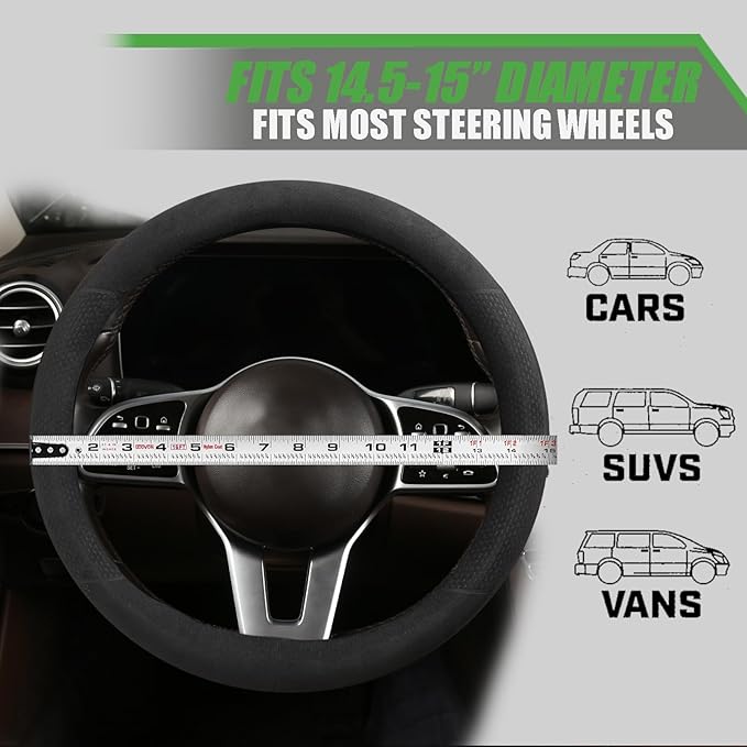 Suede Steering Wheel Cover with Upgraded Silicone Inner Ring, Breathable, Anti-Slip, Leather Universal 14.5 to 15 Inch Steering Wheel Cover (Black with Embossing Pattern)