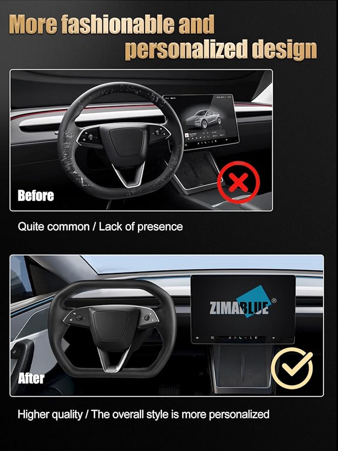 ZIMABLUE Black Cyber Truck Steering Wheel For Tesla Model Y Juniper Accessories 2025, Black Nappa Leather for Tesla Model Y Juniper 2025 With Heating Function,Without stripe