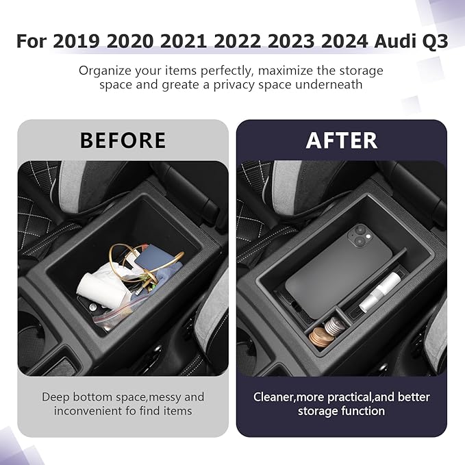 LUWU for 2019 2020 2021 2022 2023 2024 Audi Q3 Center Console Organizer 2024 2025 Audi Q3 Accessories 2024 2025 Audi Q3 F3 Armrest Console Organizer 2025 Q3 Audi Armrest Organizer Insert Tray (Black)