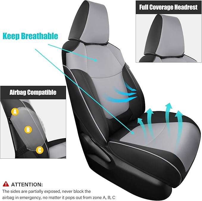 AOOG Leather Car Seat Covers Fit RAV4, Waterproof Faux Leather Seat Covers Custom Fit for Toyota RAV4 2019 2021 2022 2023 LE,XLE,XLE Premium, Limited (Full Set, Black&Grey)