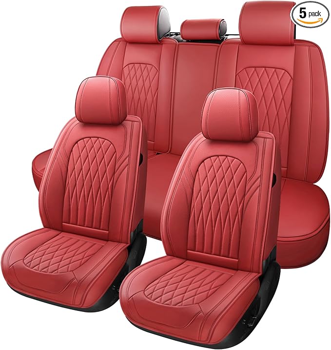 WELLDO Car Seat Covers Full Set, Leather Seat Covers for Cars, Car Seat Protector Waterproof, Non-Slip Car Interior Covers Full Set Universal Automotive Seat Covers for Most Sedans SUVs, Burgundy