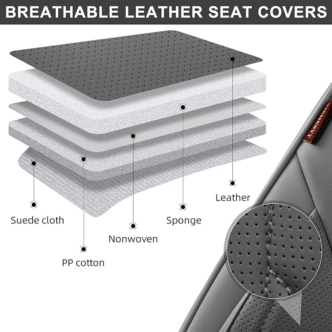 Gray Car Seat Covers Full Set, Breathable Leather Automotive Front and Rear Seat Covers & Headrest for Reduce The Driving Fatigue, Compatible with Most Vehicles, Cars