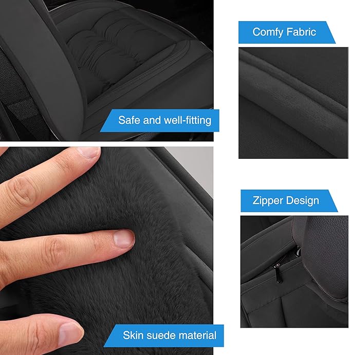 AOOG Fuzzy Leather Car Seat Covers, Heated Front Bench Back Cushion Protector for Cars SUV Trucks (Front Seat, Black)