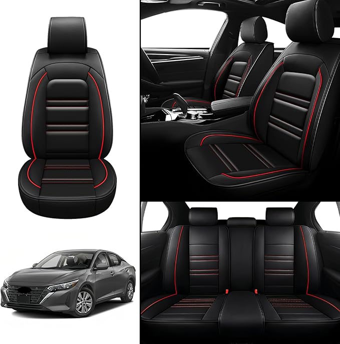 Seat Covers for Nissan Car sentra 2000-2025 | 5-Seats Leather Seat Covers, Easy to Install Automotive Seat Covers Full Set (Full Set, Black&Red Line)