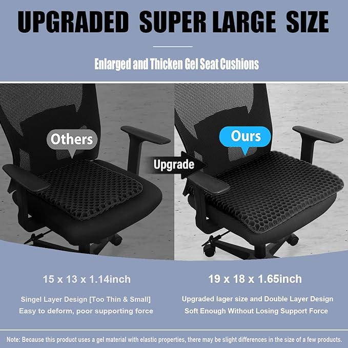 Gel Seat Cushion for Long Sitting Pressure Relief (Super Large & Thick) - Non-Slip Gel Chair Cushions for Back,Sciatica,Tailbone Pain Relief - Seat Cushion for Office Desk Chair,Car Seat,Wheelchair
