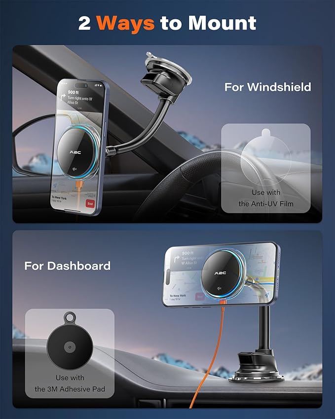 A2C for Qi2 15W MagSafe Car Mount Charger, Magnetic Car Phone Holder Windshield Dashboard [Semiconductor Cooler, PD 30W Adapter, 10.6cm Gooseneck] Fast Charging Wireless Car Charger for iPhone Only