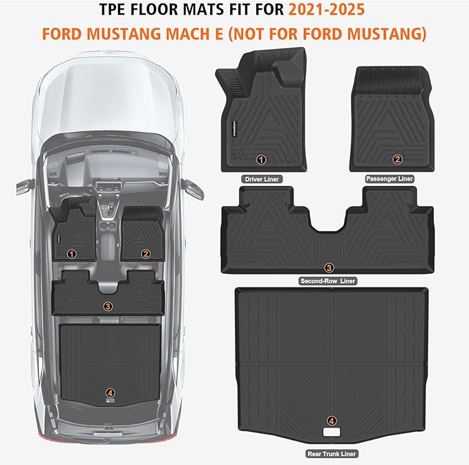 All Weather Floor Mats Cargo Liner for Ford Mustang Mach E 2021-2025 (NOT for Ford Mustang), TPE Rubber Floor Liners Anti-Slip Full Set Automotive Mats for 2025 Mustang Mach E Accessories