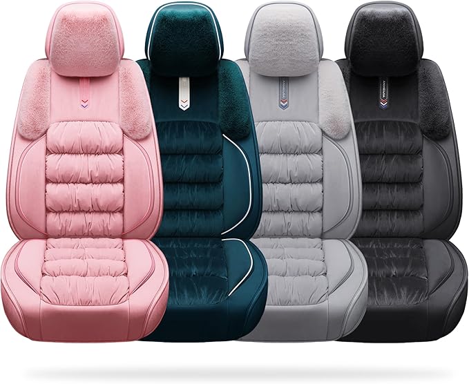 AOOG Fuzzy Leather Car Seat Covers, Heated Front Bench Back Cushion Protector for Cars SUV Trucks (Front seat, Pink)