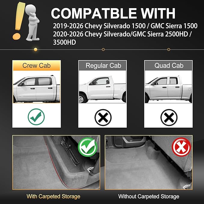 AOMSAZTO Floor Mats for 2019-2026 Chevy Silverado 1500 / GMC Sierra 1500, 2020-2026 Chevy Silverado/GMC Sierra 2500HD / 3500HD Crew Cab with Rear Underseat Storage Box - 1st & 2nd Row Car Liner