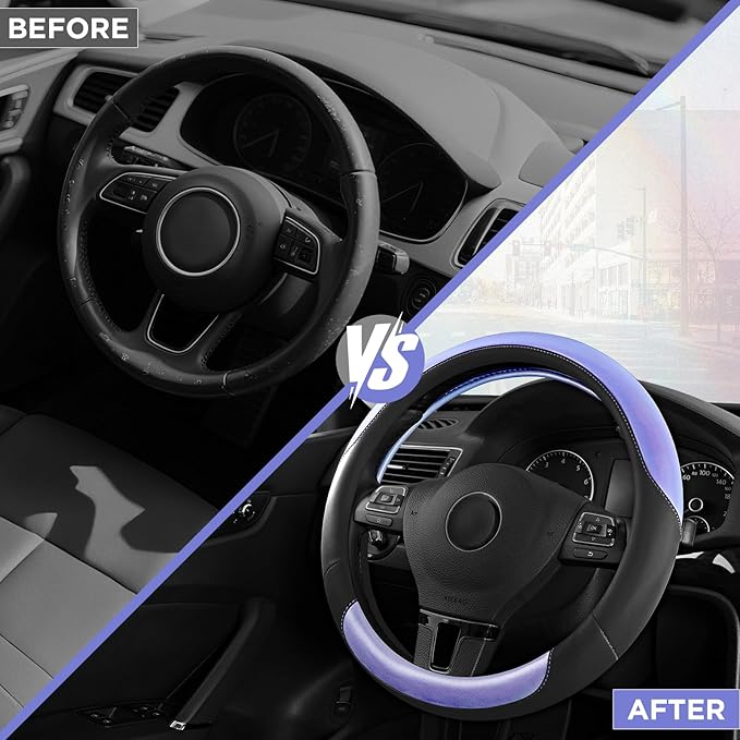 Road Comforts Steering Wheel Cover – Breathable Leather Steering Wheel Cover, Anti-Slip Grip, Universal Fit 14.5” to 15”, Heat & Cold Resistant for Cars, SUVs, and Trucks – Black & Shining Purple