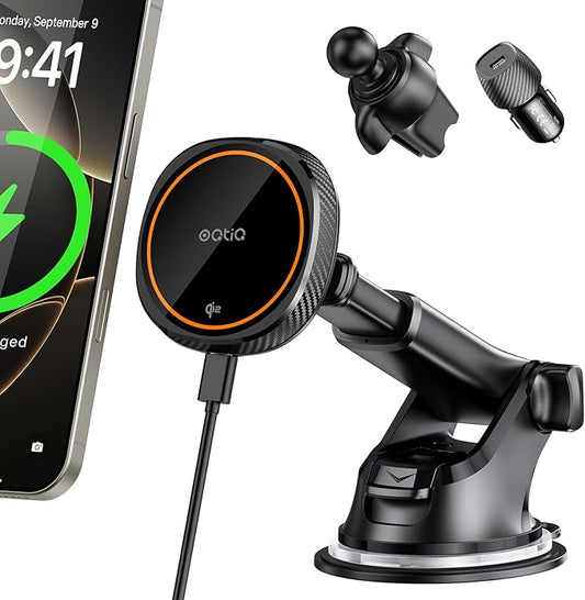 OQTIQ for Magnetic Car Mount Charger- QI2 Certified 15W Fast Wireless Charging Car Phone Holder with Strong Magnetic Grip, Built-in Cooling Fan, Suction Cup & Vent Mount [PD 30W Adaptor Included]