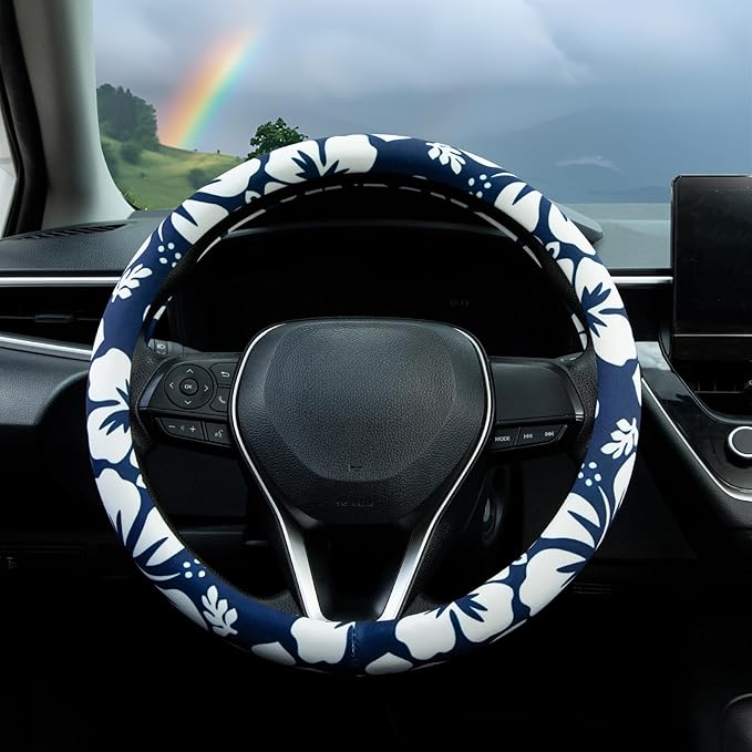 White Hibiscus Hawaii Steering Wheel Cover Auto Steering Wheel Protector, Anti-Slip, Breathable, Absorbing Sweat, Universal Floral Car Accessories 14.5–15 inch