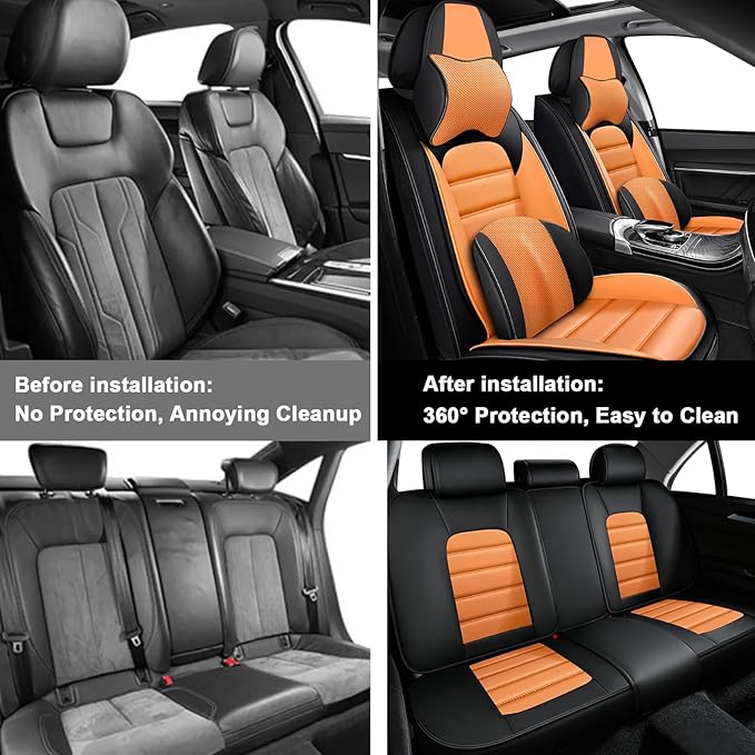 5 Car Seat Covers for Toyota RAV4 2000-2026 Breathable Leather,Waterproof Car Seat Protectors with Comfort Headrest Pillows,Automotive Vehicle Cushion with Storage Pockets (Luxury,Orange)
