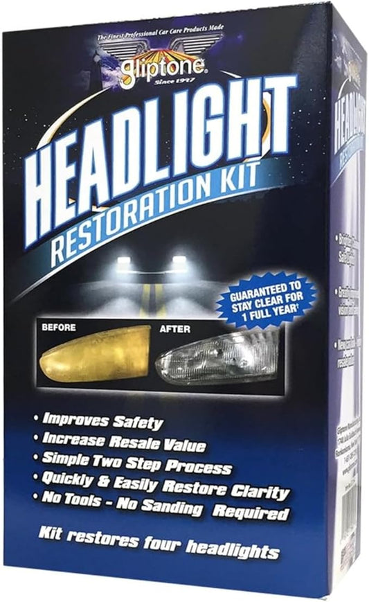 Gliptone Headlight Restoration Kit, No Sanding or Tools Required, Restores Yellowed and Cloudy Headlights, Improves Night Visibility, UV Protective Clear Coat, Easy 2 Step Process, 7 Piece Kit