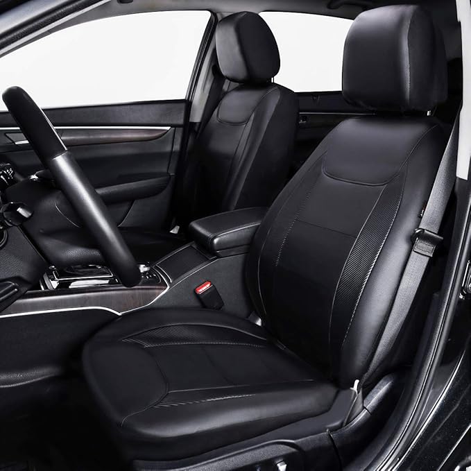 Flying Banner car seat Covers Protects Water Proof Faux Leather Carbon Fiber Front and Rear Bench (Black Black, Full Set - 9PCS)