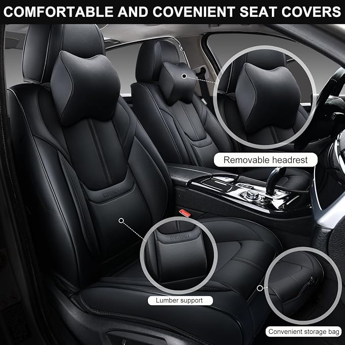 Auto Car Seat Covers Accessories Front Seat Leather Cushion Protector Breathable Waterproof Seat Cover for Cars Universal Fit (Black, Front Pair)