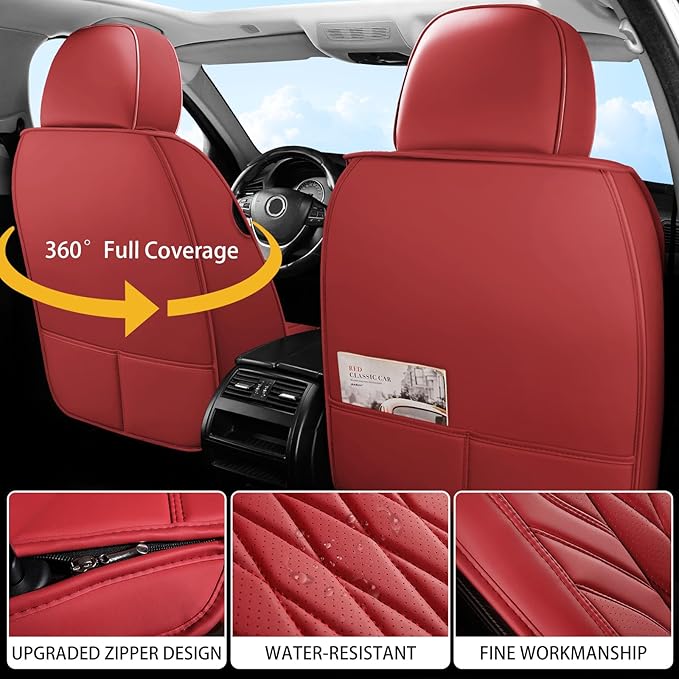 WELLDO Car Seat Covers Full Set, Leather Seat Covers for Cars, Car Seat Protector Waterproof, Non-Slip Car Interior Covers Full Set Universal Automotive Seat Covers for Most Sedans SUVs, Burgundy