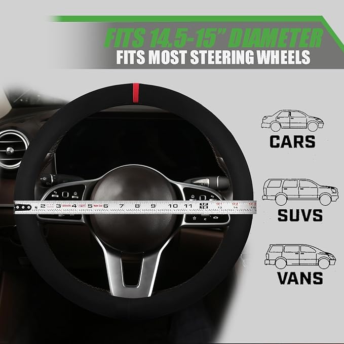 Suede Steering Wheel Cover with Upgraded Silicone Inner Ring, Breathable, Anti-Slip, Leather Universal 14.5 to 15 Inch Steering Wheel Cover (Black with Red Mark)