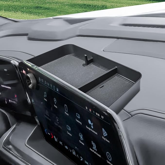 RUNROAD Dashboard Storage Organizer Tray Compatible with 2025 Chevy Suburban Tahoe Accessories, Behind Screen Organizer Center Console Display Armrest Storage Tray (Only Fit 17.7-inch Touch Screen)