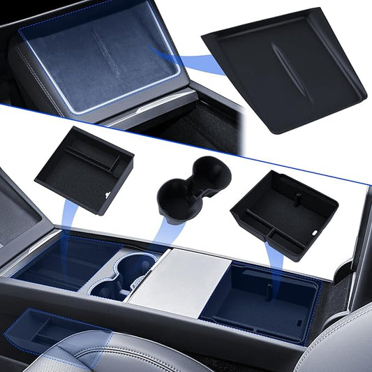 5-Pcks for Model Y Console Armrest Tray+ Cup Holder+ Wireless Charging Mat+ Organizer*2 2025 Model Y& 2024 Model 3 Accessories Armrest Tray Middle Storage Box Insert Container