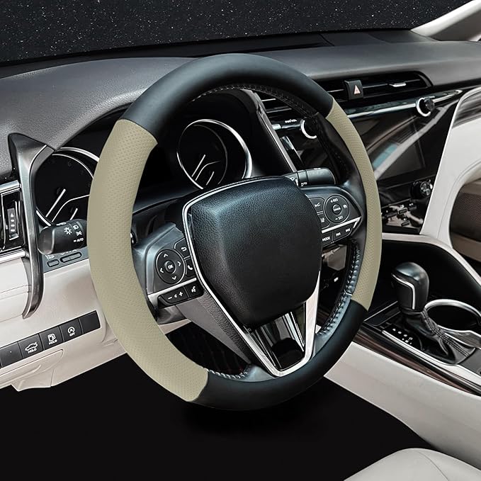 Steering Wheel Cover Standard Size 14.5-15 inch, Non-Slip Car Wheel Cover Protector, Breathable Microfiber Leather, Black and Beige