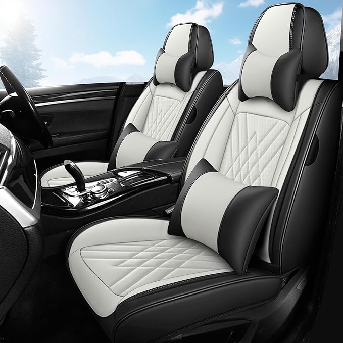 Seat Covers Fit for Toyota Corolla 2015-2026 Leather Seat Cover, Stylish Waterproof Breathable Easy to Install Airbag Compatibility Auto Interior Accessories(Front Set with Pillow,Black White)