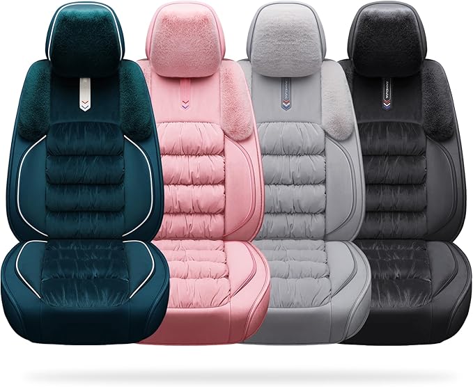AOOG Fuzzy Leather Car Seat Covers Full Set, Heated Front Bench Back Cushion Protector for Cars SUV Trucks (Front seat,Green)