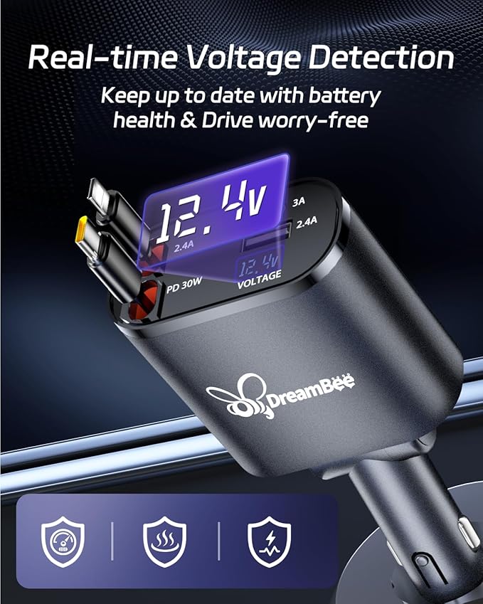 DreamBee Retractable Car Charger,66W 4 in 1 Super Fast Charge Car Phone Charger,Gifts for Men Women Car Truck Accessories for iPhone 17/16/15/14/13 Pro Max XR,iPad,Samsung,Pixel