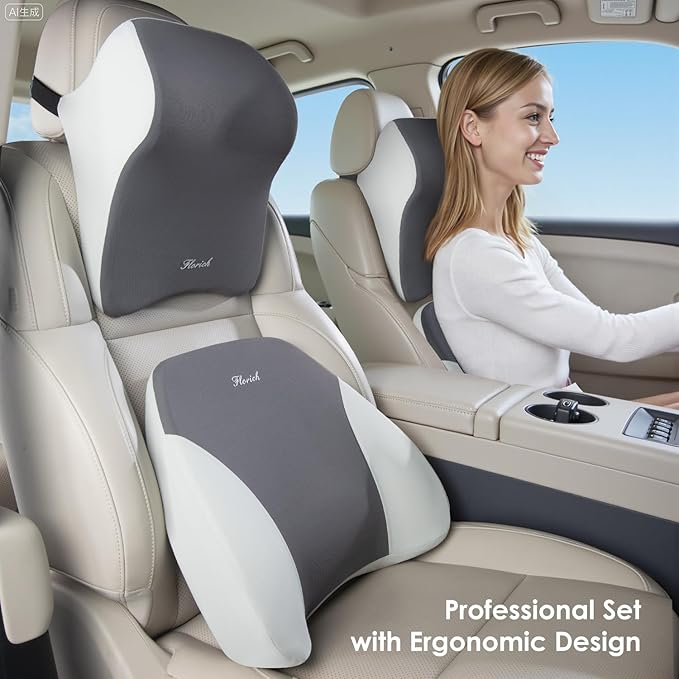FLORICH Lumbar Support and Car Neck Pillow, Back Support and Headrest Pillow for Car Seat Driver, Memory Foam Back Neck Support Pillow and Car Seat Lumbar Support for Car Office Chair - Grey