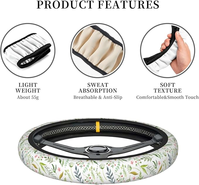 Flowers Leaves Steering Wheel Cover for Women Elastic Rubber Steering Wheel Universal 15 Inch Fit for Cars, Auto, SUVs