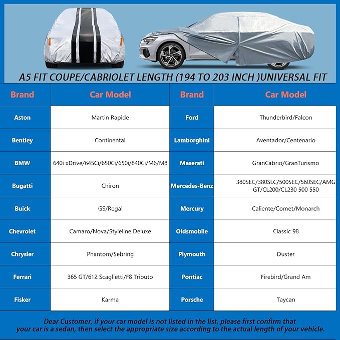 [2025 Upgrade] 10-Layer Waterproof Sports/Coupe/Cabriolet Car Cover. All Weather Full Outdoor Covers. Dodge Challenger, Sebring, Firebird Etc. Size A5 (Length 194 to 203 inch)