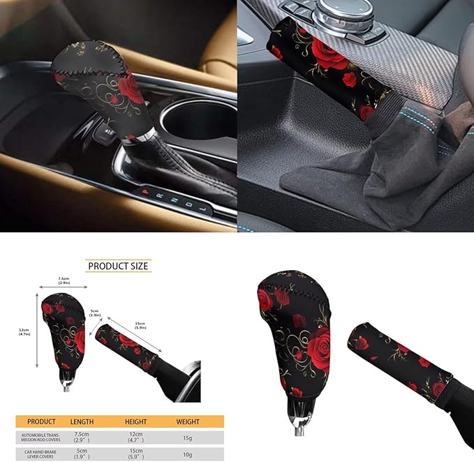 Flower Print Car Decor Set for Women Girls Red Rose Steering Wheel Cover Cup Holder Handbrake Gear Cover Car Interior Accessories -6pcs