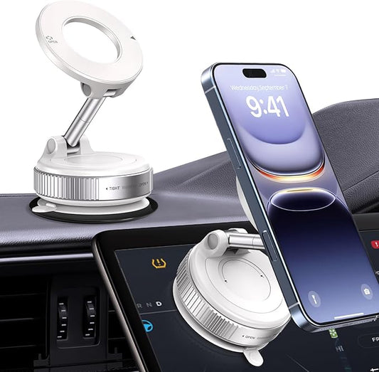 360° Rotatable Vacuum Magnetic Phone Holder, Foldable and Retractable Suction Cup Car Phone Mount for Car/Gym/Mirror/Smooth Surface, Compatible with iPhone Android and All Smartphones (White)