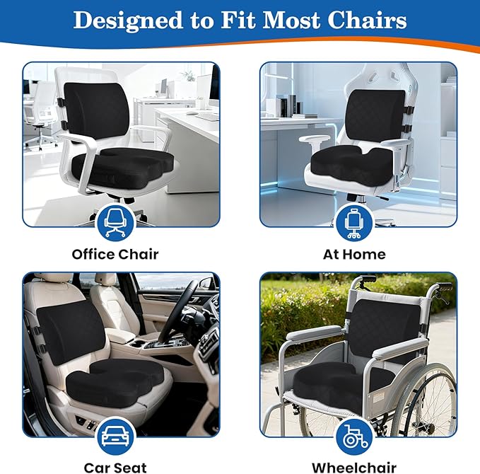 TushGuard Back&Seat Cushion, Car Seat Office Chair Cushions, Memory Foam Lumbar Back Support Pillow, Portable Airplane Seat Cushion for Travel, Computer Desk, Wheelchair, Driving (Black, X-Large)