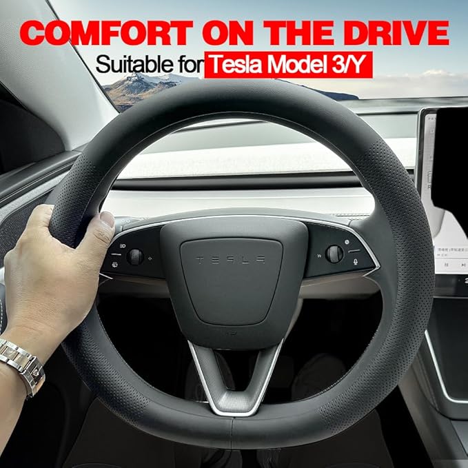 Tesla Model 3 and Model Y Steering Wheel Cover, Comfortable, Non-Slip, Breathable, Black Nappa Leather (Black)