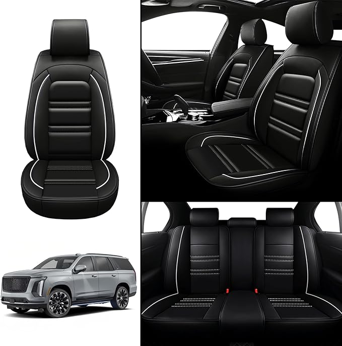 Seat Covers for Cadillac Escalade 2000-2025 | 5-Seats Leather Seat Covers, Easy to Install Automotive Seat Covers Full Set (Full Set, Black&White Line)