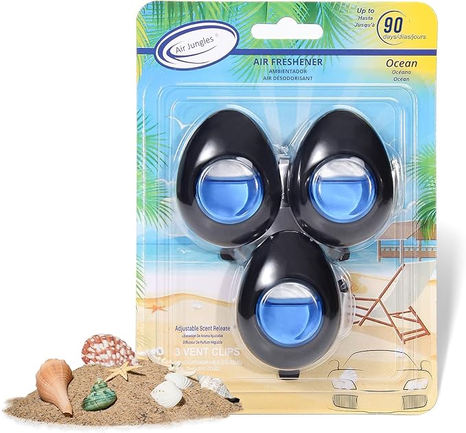 Air Jungles Car Air Freshener Vent Clip 3 Count, Ocean Scent, 4 ml Each, Long-Lasting Car Odor Eliminator, Easy Clip-On Design, Up to 90 Days Freshness for Cars, Trucks, and SUVs