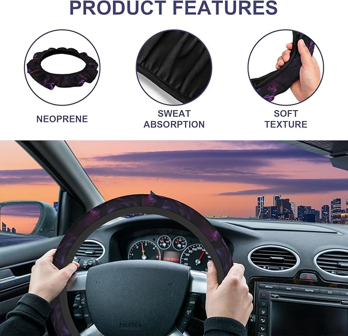 Purple Rose Car Steering Wheel Cover Dark Purple Roses Flower Universal Steering Wheel Protector Steering Wheel Covers Car Accessories for Women Men Neoprene Steering Wheel Cover 15 Inch