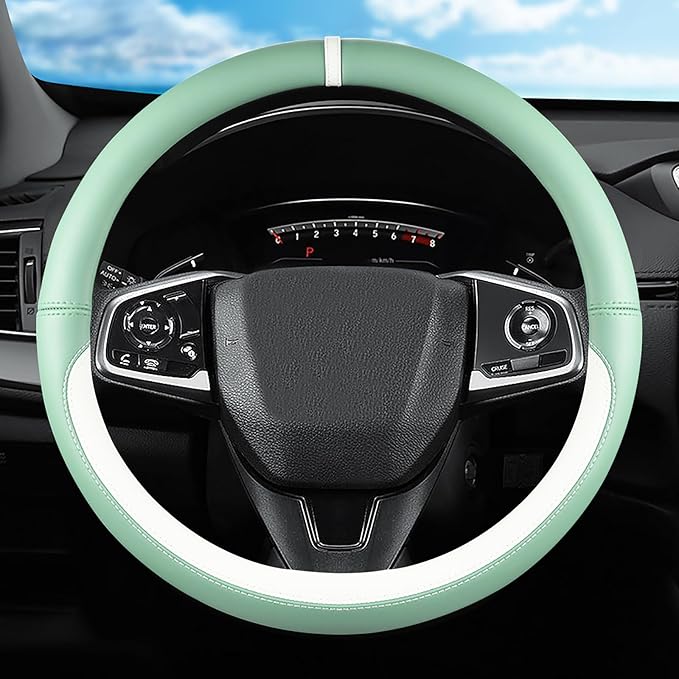 Green & White Nappa Leather Steering Wheel Cover, Cute Car Steering Wheel Cover for Men Women, 14.5-15 Inch Non-Slip Breathable Microfiber Leather Car Steering Wheel Protector