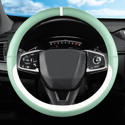 Green & White Nappa Leather Steering Wheel Cover, Cute Car Steering Wheel Cover for Men Women, 14.5-15 Inch Non-Slip Breathable Microfiber Leather Car Steering Wheel Protector