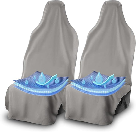 UltraSport Waterproof Towel Car Seat Cover, Universal Fit, Sweatproof & Odor-Resistant Front Seat Protector, Quick-Dry, Machine Washable for Gym, Pets, Travel, Outdoor Adventures, Gray, 2-Pack
