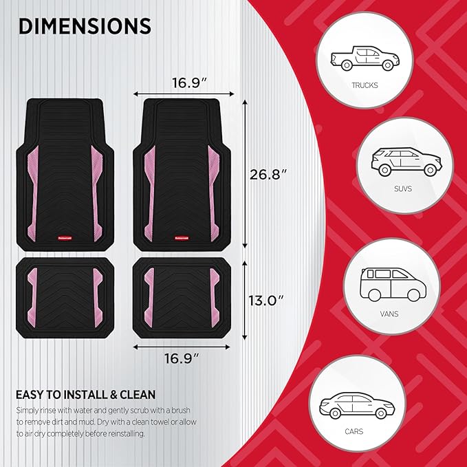 Rubbermaid Car Floor Mat, Heavy Duty All-Weather Car Mats Full Set with Dual-Tone Pink Aluminum Inserts – Universal Fit, Anti-Slip Backing, Trim-to-Fit for Most SUV, Sedan, Van