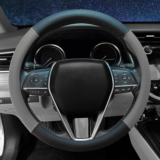 Steering Wheel Cover Standard Size 14.5-15 inch, Non-Slip Car Wheel Cover Protector, Breathable Microfiber Leather, Black and Gray