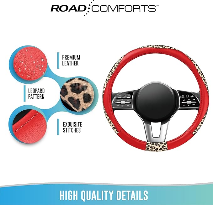 Road Comforts Steering Wheel Cover - Made with PVC Leather and Leopard Fabric - Universal 14 1/2 inches to 15 inches for Most Automotive Steering Wheel - Cheetah Print -Red