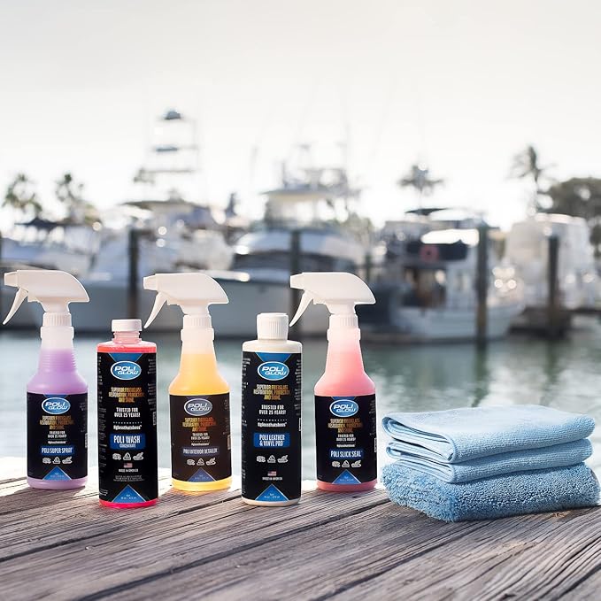 Poli Glow® 16 oz Vehicle Detailing Kit – All-in-One Cleaner & Protectant Set for Cars, Boats & RVs – Includes Interior, Exterior, Leather & Ceramic Detailers + Microfiber Towels – 7-Piece Kit