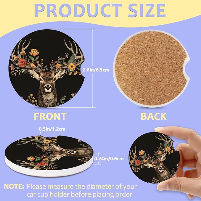 2 Pack Car Cup Holder Coaster-Forest Deer Absorbent Ceramic Coaster,Floral Car Coasters for Cup Holders,Auto Accessories for Women & Men