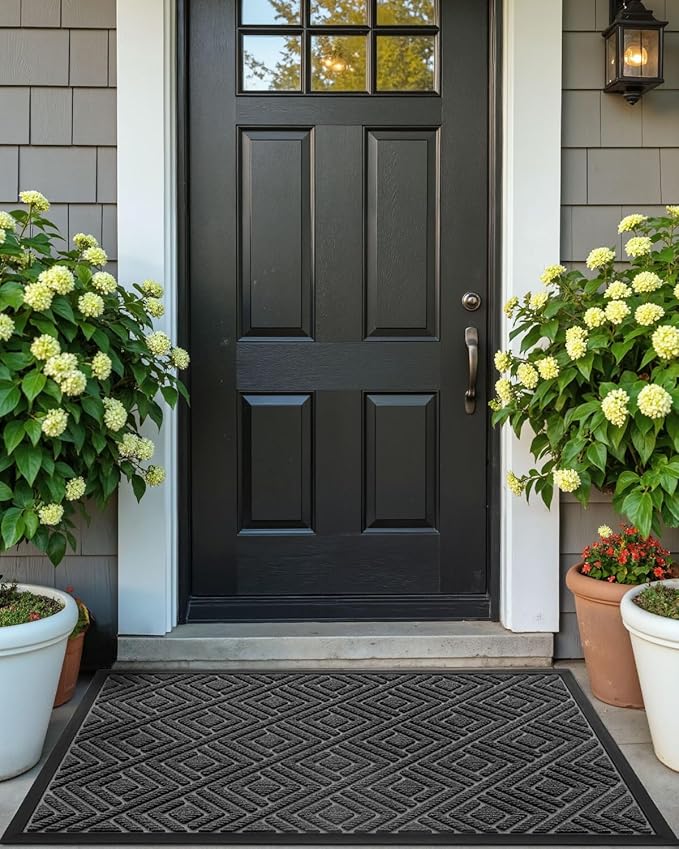 DEXI Front Door Mat Outside Entrance, Heavy Duty Rubber Backed Doormat, Stain and Fade Resistant, Low-Profile Easy Clean Entryway Floor Mats, 2x3, Checkered Grey